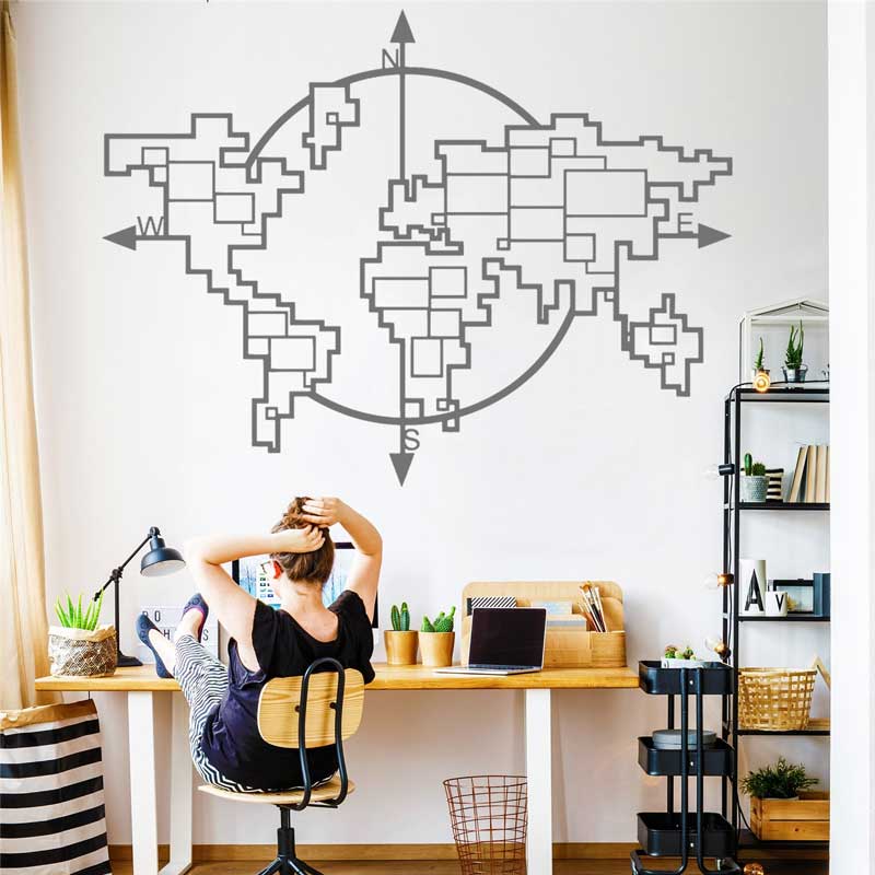 Office Furniture World - هندسية خريطة العالم البوصلة الفينيل ملصقات
